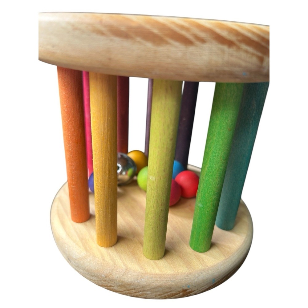 Grimm's Extra Large Rolling Rainbow Wheel Rattle With Bell Montessori Wooden Toy - Picture 2 of 4